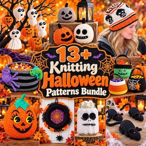 May include: A collection of knitted Halloween decorations including pumpkins, ghosts, spiders, a candy corn basket, and a jar cosy. A central sign reads 13+ Knitting Halloween Patterns Bundle. The items feature orange, black, and white yarn.