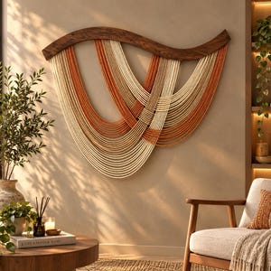 Op de afbeelding: Een wandhanger met een gebogen bovenstuk van donker hout en meerdere strengen crème en roestoranje koord die in overlappende, U-vormige patronen zijn gedrapeerd. De koorden hangen aan het hout en vormen een gestructureerd, symmetrisch ontwerp.