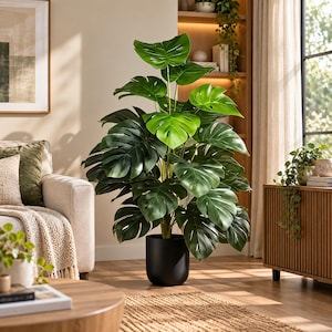 May include: A tall artificial monstera plant with large, deep green, split leaves arranged in a dense, layered pattern. The plant is housed in a simple, smooth, matte black cylindrical pot that sits directly on the floor.