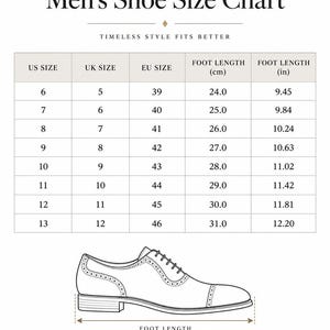 Men’s shoe size chart for black Oxford dress shoes with US, UK and EU sizing and foot-length measurements for accurate fit.