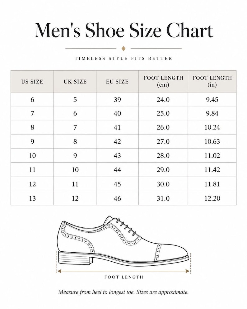 Men’s shoe size chart for black Oxford dress shoes with US, UK and EU sizing and foot-length measurements for accurate fit.