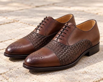 Bruine geweven leren Oxford-schoenen voor heren – Handgemaakte geklede schoenen met neuskap