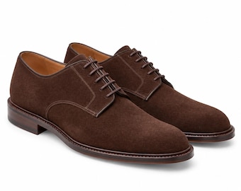 Zapatos Derby de ante marrón oscuro para hombre, zapatos de vestir con suela de cuero hechos a mano.