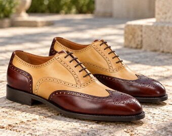 Tweekleurige Oxford-schoenen met vleugelneus voor heren – Handgemaakte brogues van bruin bordeauxrood leer
