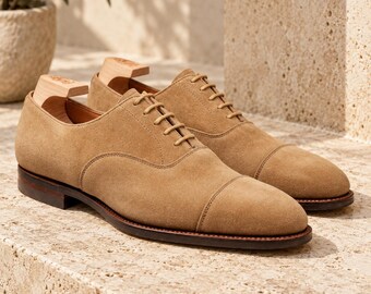 Zapatos Oxford de gamuza color camel para hombre, zapatos de vestir con puntera reforzada, calzado formal hecho a mano para bodas y negocios.