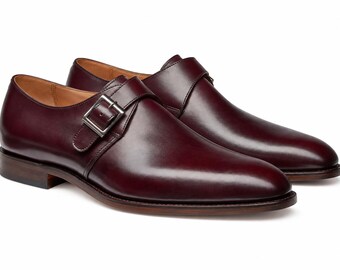 Bordeauxrode schoenen met enkele gesp, herenschoenen van leer