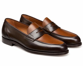 Tweekleurige penny loafers voor heren, bruine leren nette schoenen