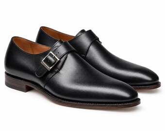 Men's Black Leather Single Monk Strap Dress Shoes, Plain Toe, Genuine Leather Sole
