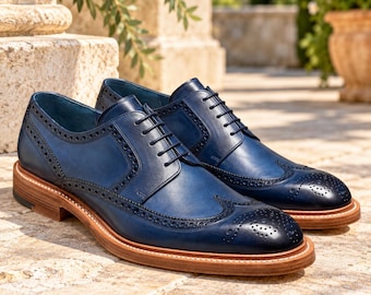 Marineblauwe leren wingtip derby schoenen voor heren, handgemaakte brogue nette schoenen