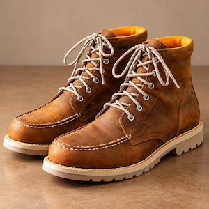 May include: A pair of brown leather boots featuring a moc-toe design, white contrast stitching, and silver metal eyelets. The boots have beige and white speckled laces, a padded collar with a bright yellow interior lining, and a thick white sole.