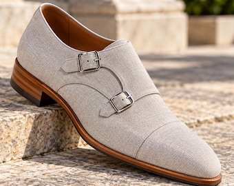 Men’s Ivory Double Monk Strap Shoes – Textured Cap Toe Dress Shoes