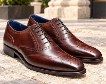Donkerbruine leren Oxford-schoenen met vleugelneus voor heren, handgemaakte brogue-nette schoenen