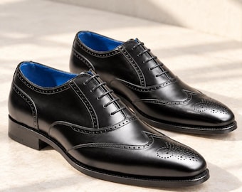 Zwarte leren Oxford brogues voor heren – handgemaakte wingtip geklede schoenen