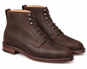 Men’s Dark Brown Suede Derby Boots, Apron Toe Leather Sole Ankle Boots