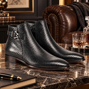 Puede incluir: Un par de botines negros con un patrón texturizado de piel de serpiente, punta afilada y una correa lateral con una hebilla de metal plateado. Los botines tienen un tacón bajo y un acabado pulido, mostrando un diseño con costuras detalladas.