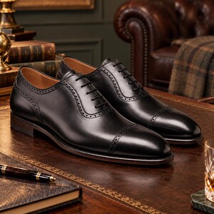 Luxury men’s black Oxford dress shoes with brogue details displayed in an elegant classic study for formal and business styling.