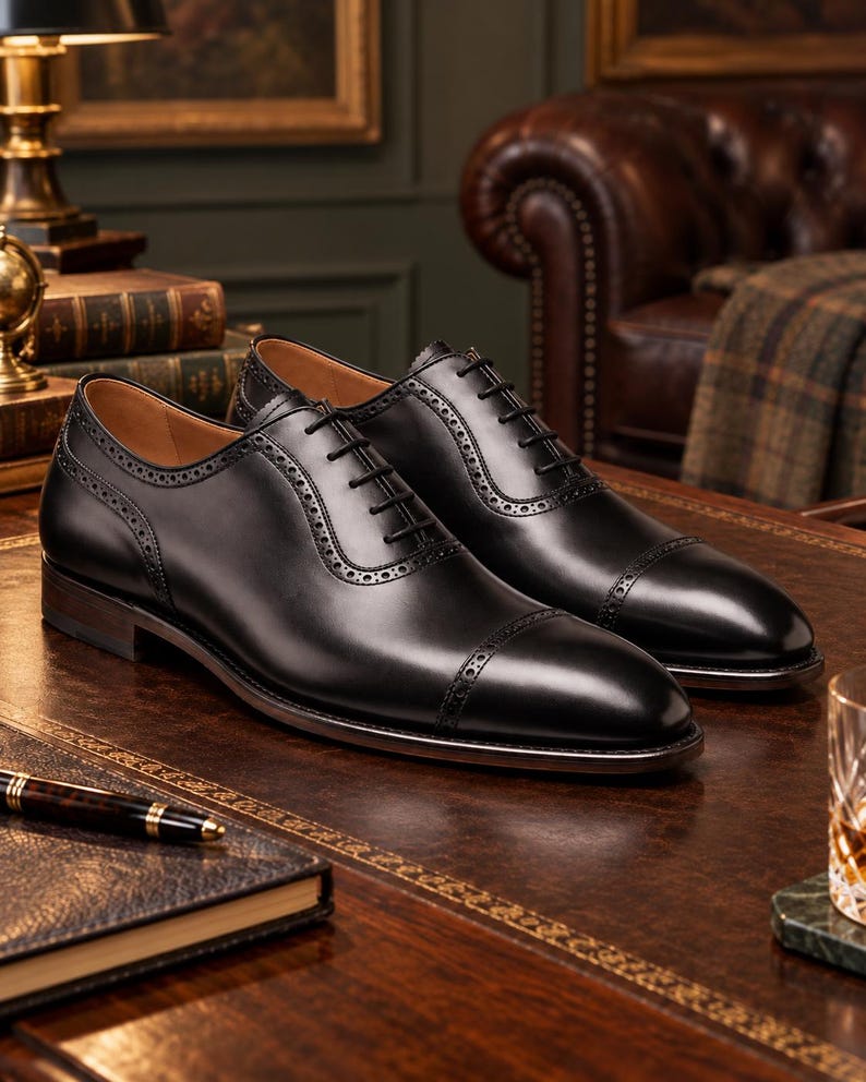 Luxury men’s black Oxford dress shoes with brogue details displayed in an elegant classic study for formal and business styling.
