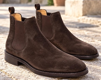 Donkerbruine suède Chelsea boots voor heren, handgemaakte enkellaarsjes