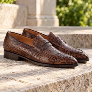 Men’s Brown Python Embossed Leather Loafers – Handmade Penny Dress Shoes