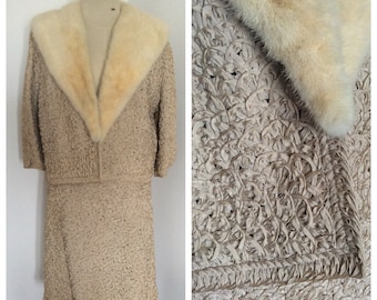 1960s ivory ribbon fabric skirt and jacket suit with fur collar – sz L