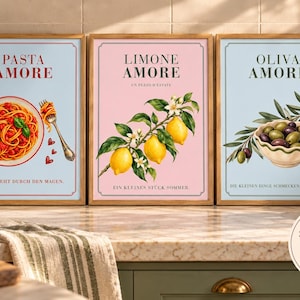 Küchenposter 3er Set – Pasta, Zitronen & Oliven „Amore“, mediterrane Wandbilder, A3 PDF zum Ausdrucken