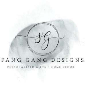 May include: A logo for a business called "Spang Gang Designs" that specializes in personalized gifts and home decor. The logo features a circle with the letters "SG" inside and a watercolor background.
