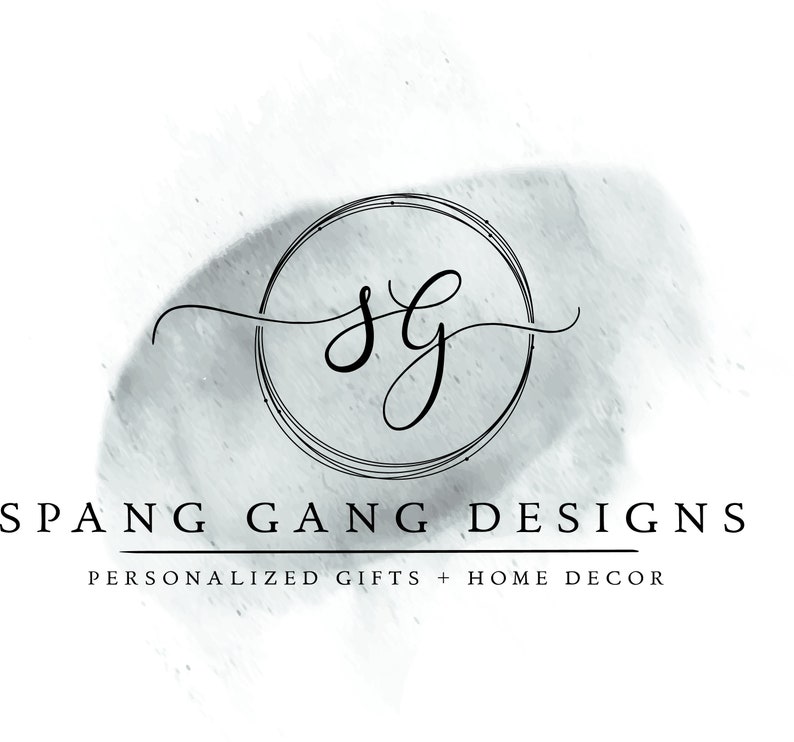 May include: A logo for a business called "Spang Gang Designs" that specializes in personalized gifts and home decor. The logo features a circle with the letters "SG" inside and a watercolor background.