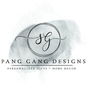 May include: A logo for a business called "Spang Gang Designs" that specializes in personalized gifts and home decor. The logo features a circle with the letters "SG" inside and a watercolor background.