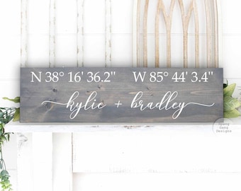 Puede incluir: Un letrero de madera gris con texto blanco. El letrero dice "N 38° 16' 36.2" W 85° 44' 3.4" kylie + bradley".