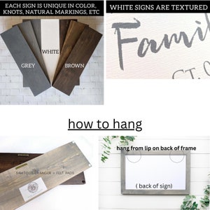 Op de afbeelding: Een houten bord met het woord "Family" geschreven in grijze verf op een witte achtergrond. Het bord is getextureerd en heeft een zaagtandhanger aan de achterkant. Het bord wordt getoond hangend aan een muur met een groene plant op de achtergrond. De tekst "White signs are textured" wordt boven het bord weergegeven. De tekst "how to hang" wordt onder het bord weergegeven. Het bord wordt getoond hangend aan een lip aan de achterkant van het frame. De tekst "(back of sign)" wordt onder het bord weergegeven.