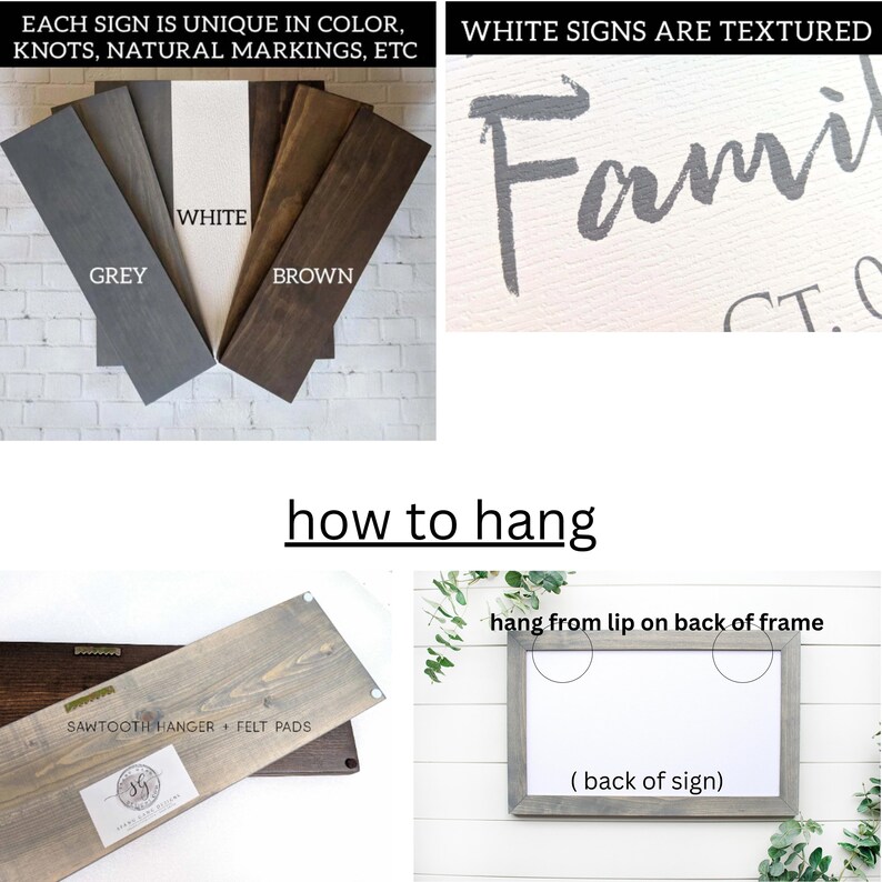 Op de afbeelding: Een houten bord met het woord "Family" geschreven in grijze verf op een witte achtergrond. Het bord is getextureerd en heeft een zaagtandhanger aan de achterkant. Het bord wordt getoond hangend aan een muur met een groene plant op de achtergrond. De tekst "White signs are textured" wordt boven het bord weergegeven. De tekst "how to hang" wordt onder het bord weergegeven. Het bord wordt getoond hangend aan een lip aan de achterkant van het frame. De tekst "(back of sign)" wordt onder het bord weergegeven.