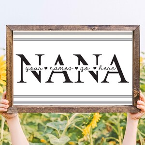 Op de afbeelding: Een houten bord met het woord "NANA" in grote zwarte letters. De tekst "your names go here" staat in kleinere zwarte letters onder het woord "NANA".