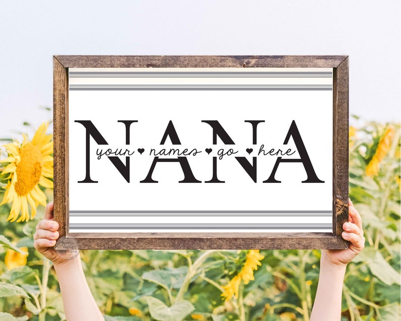 Op de afbeelding: Een houten bord met het woord "NANA" in grote zwarte letters. De tekst "your names go here" staat in kleinere zwarte letters onder het woord "NANA".