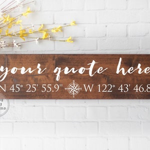 May include: A wooden sign with the text "your quote here" and coordinates "N 45&deg; 25' 55.9"- W 122&deg; 43&prime; 46.8" written in white paint. A compass rose is also included.