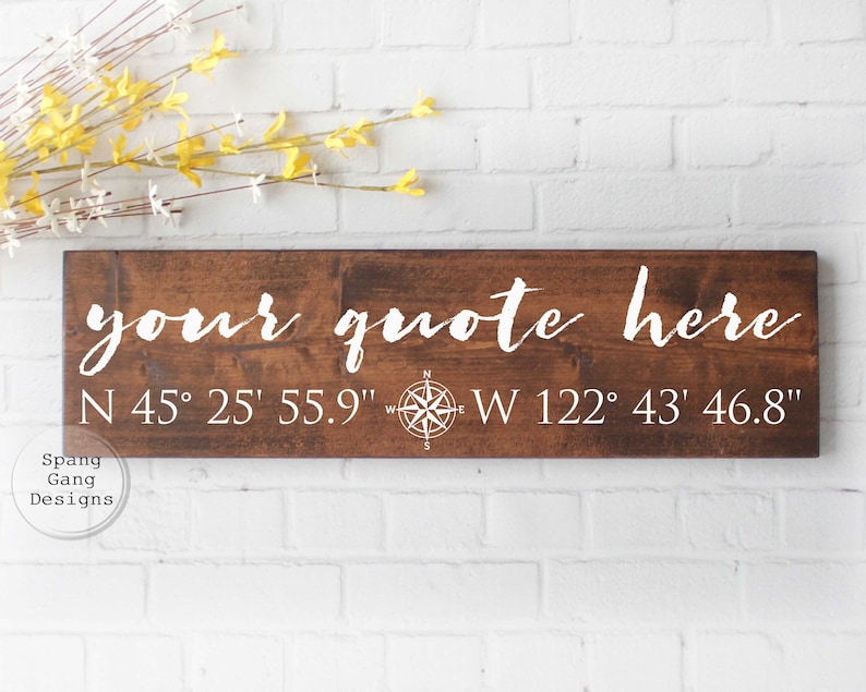 May include: A wooden sign with the text "your quote here" and coordinates "N 45&deg; 25' 55.9"- W 122&deg; 43&prime; 46.8" written in white paint. A compass rose is also included.