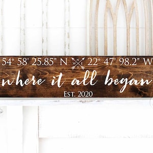 Op de afbeelding: Een rechthoekig houten bord met de witte tekst "where it all began" en het jaar "EST. 2020". Het bord bevat ook coördinaten. Het hout is donkerbruin gebeitst.