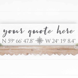 May include: White wooden sign with the text "your quote here" and coordinates "N 59&deg; 66' 47.8" W 24&deg; 19' 8.4" written in gray. A compass symbol is between the coordinates.