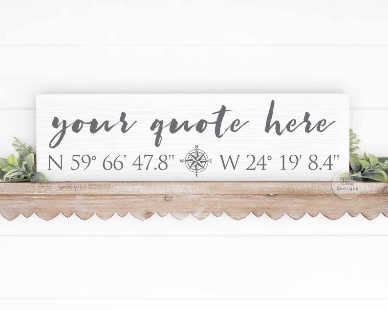 May include: White wooden sign with the text "your quote here" and coordinates "N 59&deg; 66' 47.8" W 24&deg; 19' 8.4" written in gray. A compass symbol is between the coordinates.