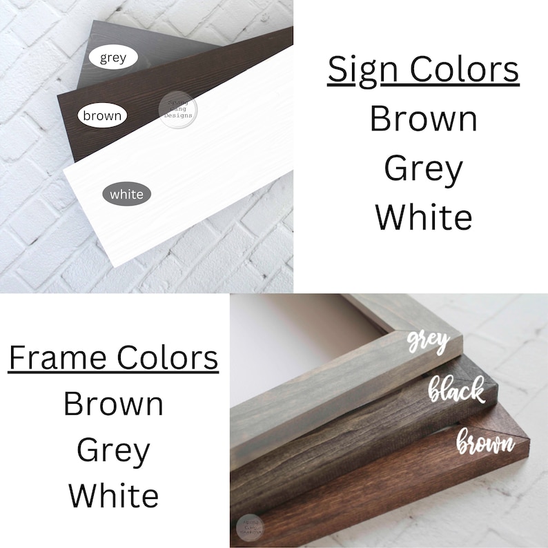 Op de afbeelding: Een bord met de tekst "Frame Colors" en de kleuren bruin, grijs en wit. Een bord met de tekst "Sign Colors" en de kleuren bruin, grijs en wit. Een close-up van drie houten frames in bruin, grijs en zwart.