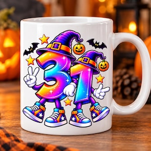 May include: A white ceramic mug featuring a colourful graphic of the number 31 with cartoon arms, legs, and trainers. The numbers wear purple witch hats and are surrounded by small orange jack-o'-lanterns, black bats, and yellow stars.