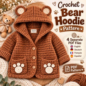 Puede incluir: Una chaqueta de ganchillo marrón con capucha de oso, tres botones frontales y dos bolsillos con apliques de huellas blancas. El texto dice Crochet Bear Hoodie Pattern, 4 Separate PDF Files y PDF Pattern.