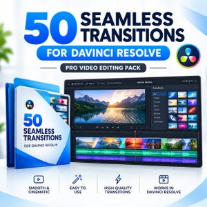 Puede incluir: Un paquete de productos digitales con 50 transiciones fluidas para DaVinci Resolve. La pantalla muestra una interfaz de software con una vista previa de video, una línea de tiempo con clips coloridos y un menú de transiciones. Incluye un icono de carpeta azul.