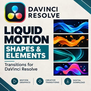 May include: A digital product graphic for DaVinci Resolve Liquid Motion Shapes & Elements featuring the software logo, bold black text, and four rectangular panels displaying blue, orange, teal, and pink abstract liquid motion graphics.