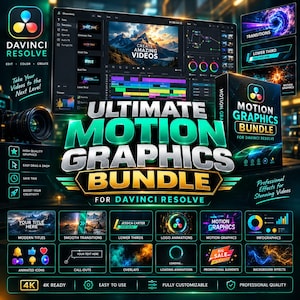 Puede incluir: Un paquete de software titulado Ultimate Motion Graphics Bundle para DaVinci Resolve, que incluye un monitor de computadora grande con software de edición de video, una caja de producto y una cuadrícula de elementos gráficos como títulos, transiciones y animaciones.