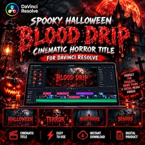 May include: A digital product display for DaVinci Resolve featuring a laptop screen showing a horror-themed video editing interface with the text BLOOD DRIP. The background includes a haunted mansion, a glowing moon, and a jack-o'-lantern.