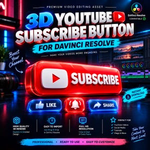 May include: A 3D YouTube subscribe button graphic for DaVinci Resolve featuring a large red button with white text, accompanied by smaller blue like, notification bell, and share buttons. The design includes text overlays and icons.