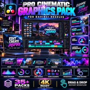 May include: A digital graphics pack for DaVinci Resolve featuring a computer monitor and laptop displaying video editing software, cinematic titles, transitions, lower thirds, callouts, overlays, audio spectrums, and icons with neon blue and pink accents.