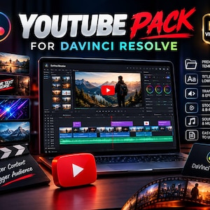 Puede incluir: Un paquete digital titulado YouTube Pack for DaVinci Resolve, que incluye una computadora portátil con software de edición de video, un icono de botón de reproducción de YouTube rojo, una claqueta de cine con texto y una tira de película.