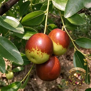 May include: Three jujube fruits hanging from a branch with green leaves. The fruits have a smooth skin with a gradient of reddish-brown and light green. A small logo in the corner features the text Pebble & Petals with botanical illustrations.
