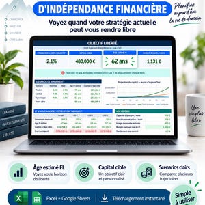 May include: A laptop screen displaying a financial planning dashboard titled Objectif Liberté, featuring data tables, charts, and projections for financial independence. The interface includes sections for target capital, monthly savings, and estimated age of freedom.